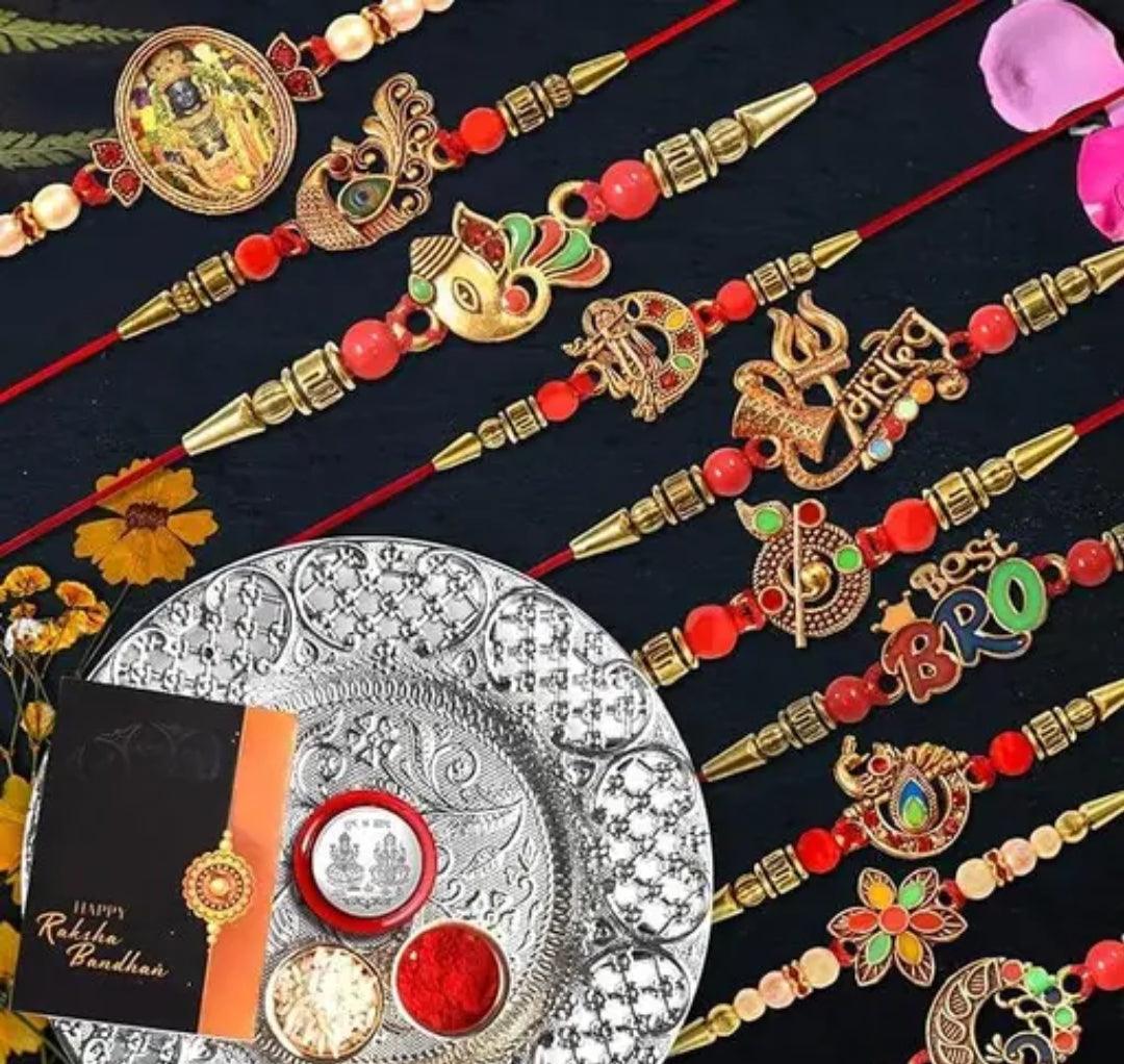 Rakhi Set Of 10 With Dish, Silver Coin & Greeting Card.