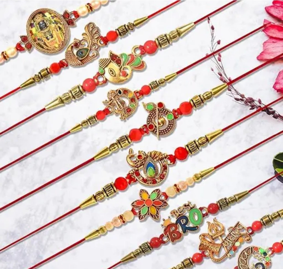 Rakhi Set Of 10 With Dish, Silver Coin & Greeting Card.
