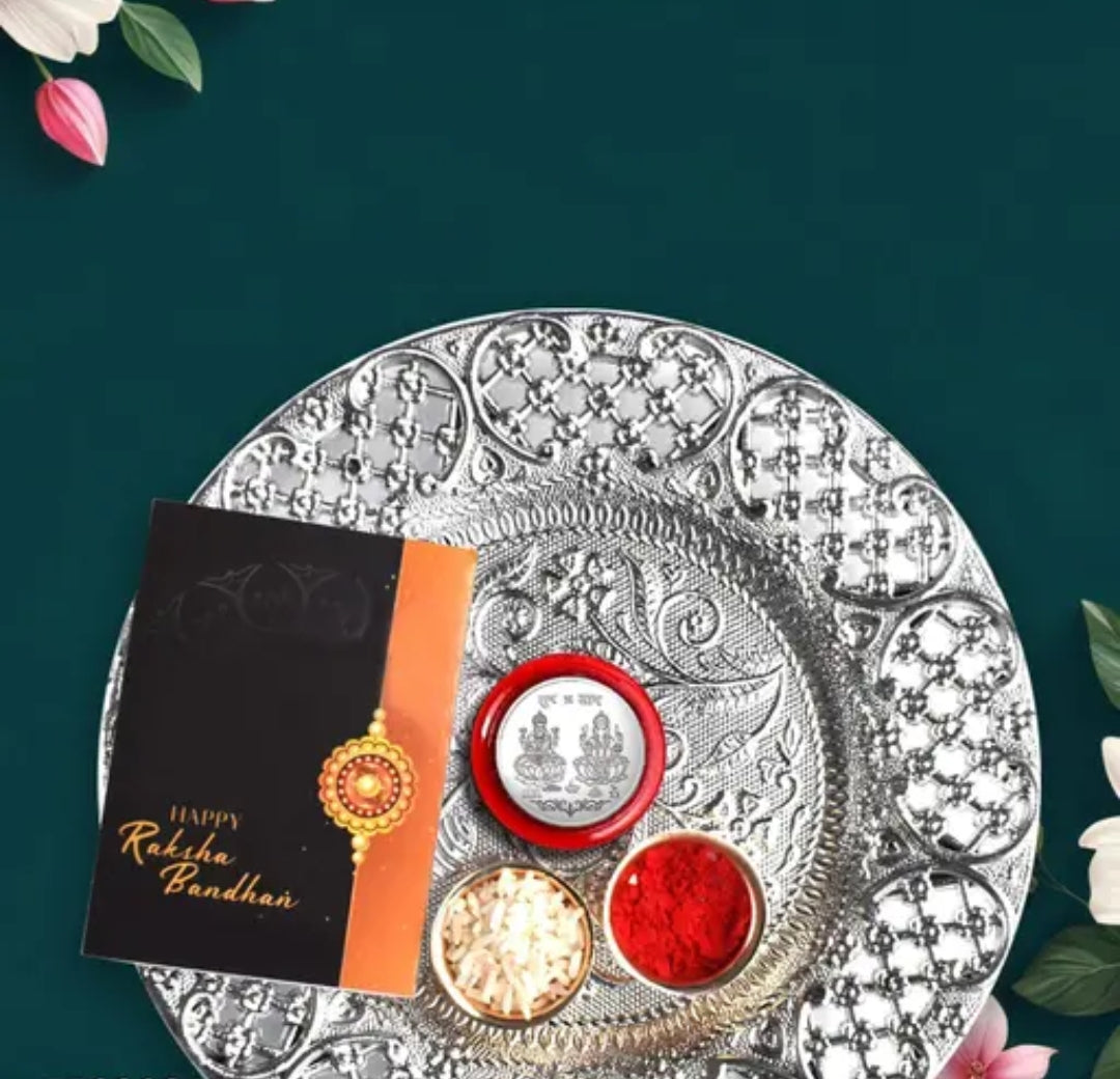 Rakhi Set Of 10 With Dish, Silver Coin & Greeting Card.