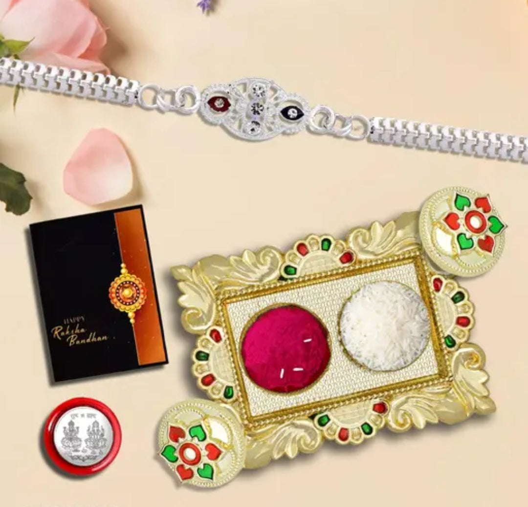 Rakhi Combo With Dish, Silver Color Pooja Coin & Greeting Card.