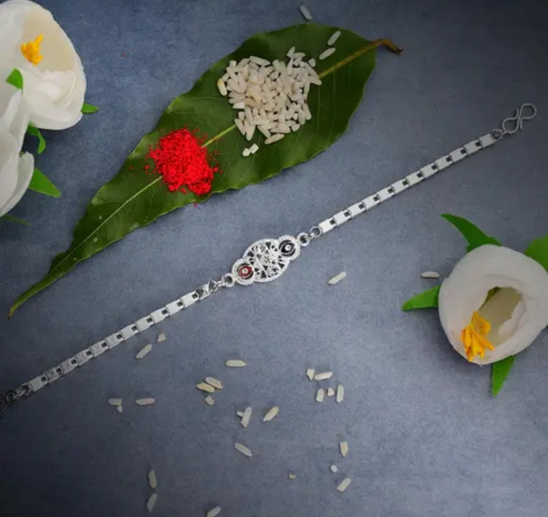 Rakhi Combo With Dish, Silver Color Pooja Coin & Greeting Card.