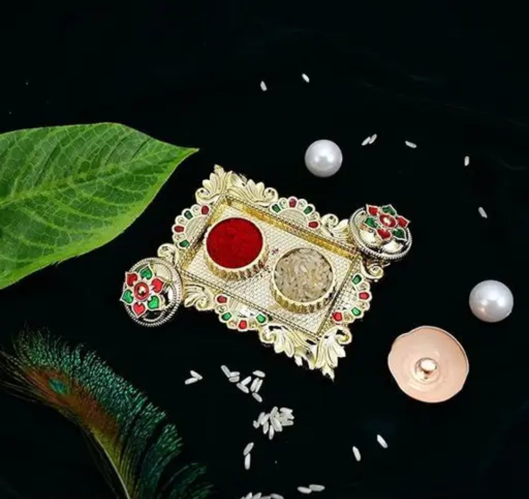 Rakhi Combo With Dish, Silver Color Pooja Coin & Greeting Card.