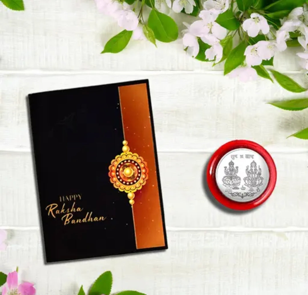 Rakhi Combo With Dish, Silver Color Pooja Coin & Greeting Card.