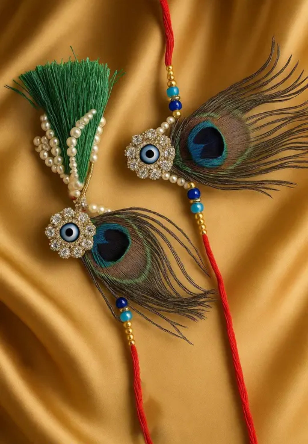 Peacock Feather Golden Rakhi Set.